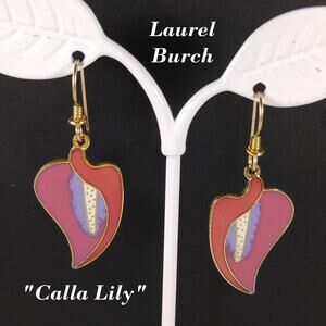 Laurel Burch Calla Lily Earrings Pink Lavender Enamel Gold Cloisonné 1980s